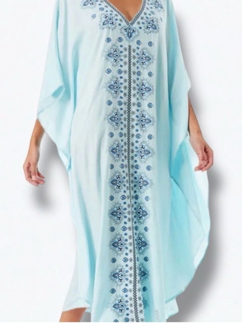 Blue Embroidered Moroccan Maxi Kaftan Dress Beach Cover Up